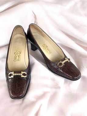 Salvatore Ferragamo Horsebit Pumps Brown Embossed Leather